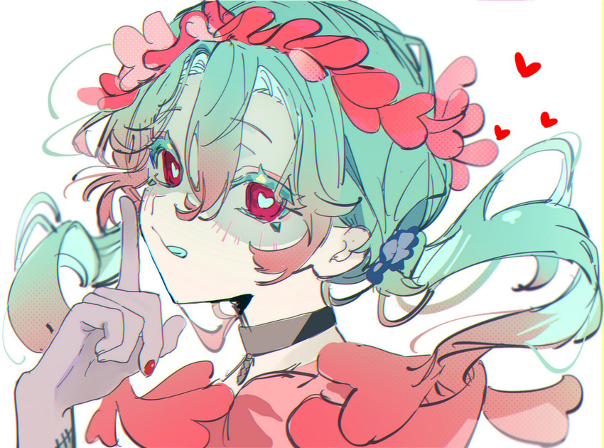 1girl aqua_hair aqua_tongue black_choker choker food-themed_hair_ornament gradient_hair hair_between_eyes hair_ornament hatsune_miku head_wreath heart heart-shaped_pupils heart_hair_ornament highres index_finger_raised long_hair looking_at_viewer low_twintails multicolored_hair mushroom_hair_ornament patchwork_skin pink_eyes pink_hair pink_nails sidelocks simple_background stitched_face stitches symbol-shaped_pupils tail_ear twintails upper_body very_long_hair vocaloid white_background zombie zombie_(vocaloid)