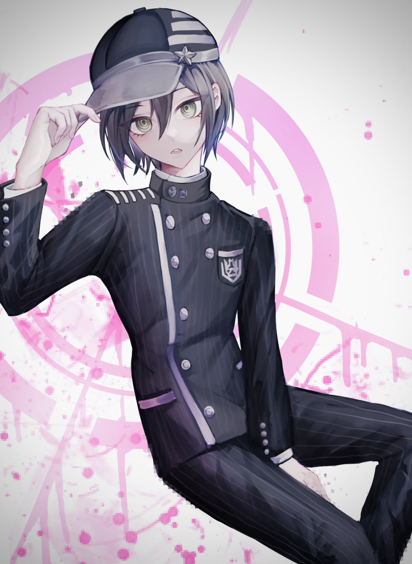 1boy ahoge black_hair black_headwear breast_pocket brown_eyes buttons danganronpa_(series) danganronpa_v3:_killing_harmony double-breasted hair_between_eyes hand_up highres invisible_chair jacket long_sleeves male_focus pants pink_background pocket saihara_shuichi shiki_oki_o shirt short_hair sitting solo striped striped_jacket striped_pants teeth upper_teeth_only white_background