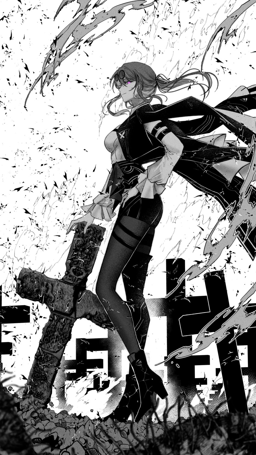 1girl absurdres arm_strap black_footwear black_jacket black_shorts boots cross energy eyewear_on_head floating_hair frilled_sleeves frills from_side full_body glowing glowing_eyes greyscale hand_on_own_hip high_heels highres honkai:_star_rail honkai_(series) jacket jacket_on_shoulders kafka_(honkai:_star_rail) labixiaotiantian long_sleeves looking_at_viewer monochrome outdoors pantyhose ponytail round_eyewear rubble short_hair shorts single_thigh_boot smile solo spot_color standing sunglasses thigh_boots violet_eyes wind