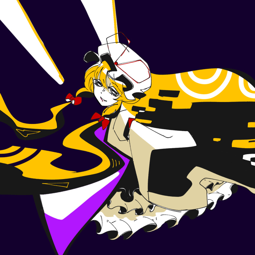 1girl 3ma_can_omochi black_background blonde_hair bow cropped_legs dress floating_hair frilled_dress frills from_side hair_bow half-closed_eyes hat hat_ribbon highres long_hair looking_at_viewer mob_cap multiple_hair_bows red_bow red_ribbon ribbon sidelocks sleeve_garter sleeves_past_fingers sleeves_past_wrists smile solo tabard touhou very_long_hair white_dress wide_sleeves yakumo_yukari
