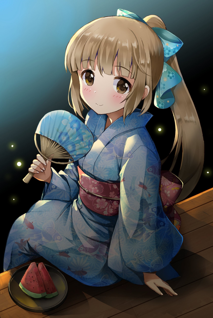 1girl absurdres animal_print arm_support blue_ribbon blunt_bangs blush bow breasts brown_eyes brown_hair bug closed_mouth dot_nose firefly fish_print floral_print food from_behind fruit goldfish_print hair_bow hair_ribbon hand_fan highres holding holding_fan idolmaster idolmaster_cinderella_girls idolmaster_cinderella_girls_starlight_stage japanese_clothes kimono long_hair long_sleeves looking_at_viewer looking_back michii_yuuki night obi obiage obijime paper_fan plate ponytail print_kimono print_ribbon print_sash red_sash ribbon sash sitting small_breasts smile solo veranda very_long_hair watermelon watermelon_slice wide_sleeves wooden_floor yorita_yoshino