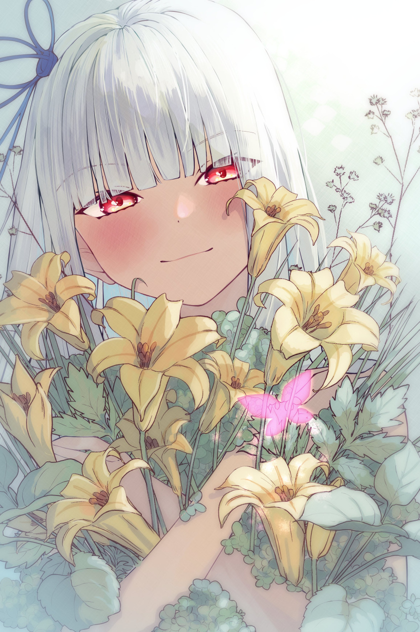 1girl absurdres amagishiki blue_hair blue_ribbon blunt_bangs blush bouquet bug butterfly closed_mouth commentary_request flower flower_request glowing_butterfly hair_ribbon half-closed_eyes head_tilt highres holding holding_bouquet kotonoha_aoi leaf light_smile looking_at_viewer object_hug red_eyes ribbon sidelighting solo straight-on upper_body voiceroid yellow_flower