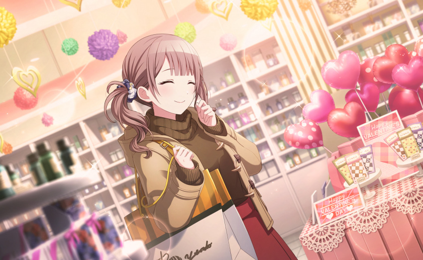 1girl bag balloon blush bottle box brown_coat brown_hair brown_sweater buttons candle_no_kaori_wa_omoide_to_tomo_ni_(project_sekai) closed_eyes closed_mouth coat colorful_palette dutch_angle hand_up happy happy_valentine heart heart_balloon highres hood hood_down indoors lace long_hair long_sleeves mochizuki_honami official_art project_sekai red_skirt shelf shop shopping_bag side_ponytail sidelocks skirt smile solo sweater third-party_source turtleneck turtleneck_sweater valentine