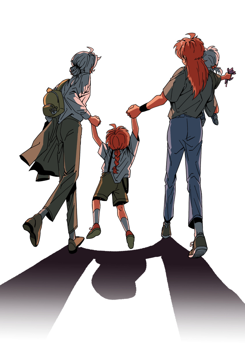 2girls 2others absurdres aged_up alternate_costume bio_w5 boots couple from_behind gundam gundam_suisei_no_majo highres holding_hands if_they_mated ips_cells long_hair medium_hair miorine_rembran mother_and_child multiple_girls multiple_others redhead shadow shoes sneakers suletta_mercury white_hair yuri