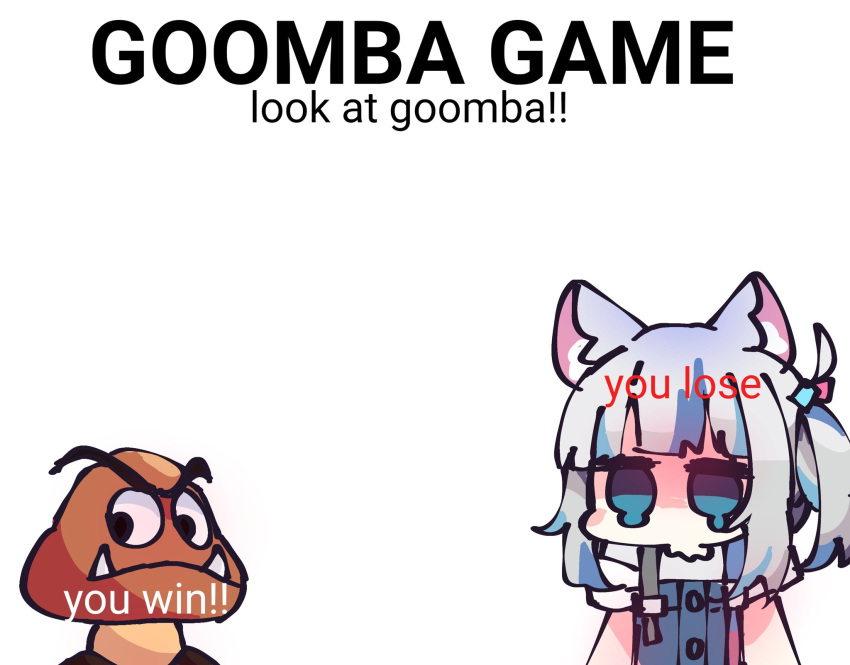 1girl animal_ear_fluff animal_ears blue_eyes blue_hair cat_ears chibi cube_hair_ornament empty_eyes english_text fangs fangs_out gawr_gura gawr_gura_(2nd_costume) goomba grey_hair hair_ornament highres hololive hololive_english kemonomimi_mode koyoinacho looking_at_viewer medium_hair meme multicolored_hair official_alternate_costume one_side_up pout shirt short_sleeves sidelocks simple_background streaked_hair super_mario_bros. suspenders teardrop upper_body virtual_youtuber white_background white_shirt