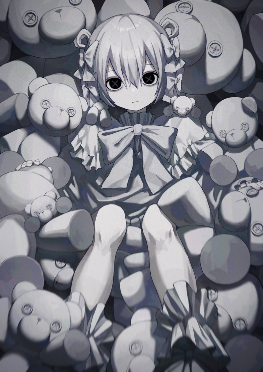 1other bags_under_eyes black_eyes blurry bow bowtie capelet depth_of_field expressionless feet_out_of_frame film_grain frilled_capelet frilled_shirt_collar frills hair_bow hair_rings hand_rest highres knees_up kumashiro_botan_(ninomae) looking_at_viewer multiple_hair_bows ninomae_(nnme_618) original pale_skin shirt short_hair sitting straight-on stuffed_animal stuffed_toy symbol-shaped_pupils teddy_bear white_bow white_bowtie white_hair white_shirt white_theme x-shaped_pupils