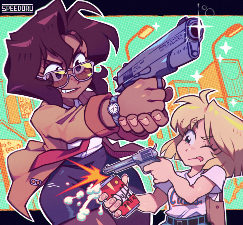 2girls beer_can breasts can dark-skinned_female dark_skin duff_beer gun gunsmith_cats highres holding holding_gun holding_weapon minnie_may_hopkins multiple_girls one_eye_closed rally_vincent speedoru sunglasses tagme the_simpsons tongue tongue_out weapon