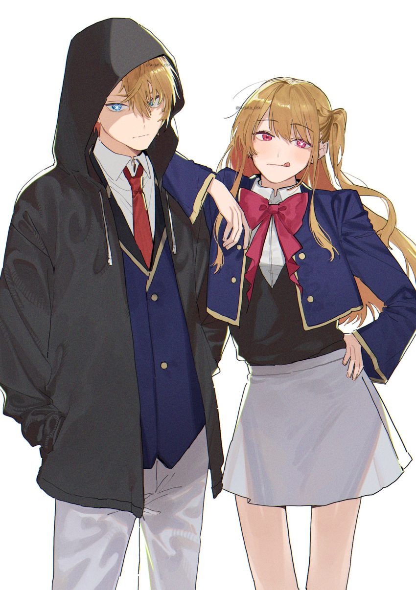 1boy 1girl blonde_hair blue_eyes brother_and_sister closed_mouth commentary_request grey_skirt hands_in_pockets highres hood hood_up hoshino_aquamarine hoshino_ruby idol_clothes licking_lips long_hair long_sleeves looking_at_viewer oshi_no_ko pants pink_eyes school_uniform short_hair siblings simple_background skirt standing star-shaped_pupils star_(symbol) sugata_dski symbol-shaped_pupils tongue tongue_out white_background youtou_high_school_uniform
