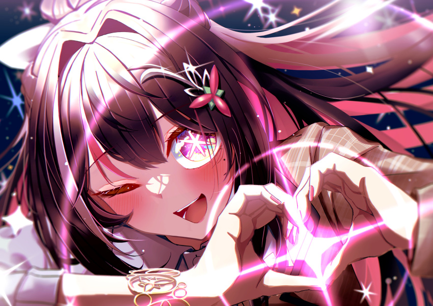 1girl ;d azki_(4th_costume)_(hololive) azki_(hololive) bracelet brown_hair colored_inner_hair commentary_request hair_intakes hair_ornament hairclip heart heart_hands highres hololive jewelry long_hair looking_at_viewer mole mole_under_eye multicolored_hair official_alternate_costume official_alternate_hair_length official_alternate_hairstyle one_eye_closed open_mouth oshi_no_ko parody pink_hair shara_(syara_so_ju) smile solo star-shaped_pupils star_(symbol) symbol-shaped_pupils trench_coat violet_eyes virtual_youtuber