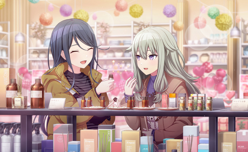 2girls bag balloon black_sweater blue_hair blue_sweater bottle box brown_coat brown_jacket candle_no_kaori_wa_omoide_to_tomo_ni_(project_sekai) card closed_eyes coat colorful_palette cup dress glass green_hair hair_flaps hand_up heart heart_balloon highres holding holding_bottle holding_strap hoshino_ichika_(project_sekai) incense incense_burner indoors jacket kusanagi_nene long_sleeves low_tied_sidelocks mug multiple_girls official_art open_mouth plate project_sekai shelf shop sidelocks smile spray_bottle striped striped_sweater sweater third-party_source upper_body violet_eyes white_dress