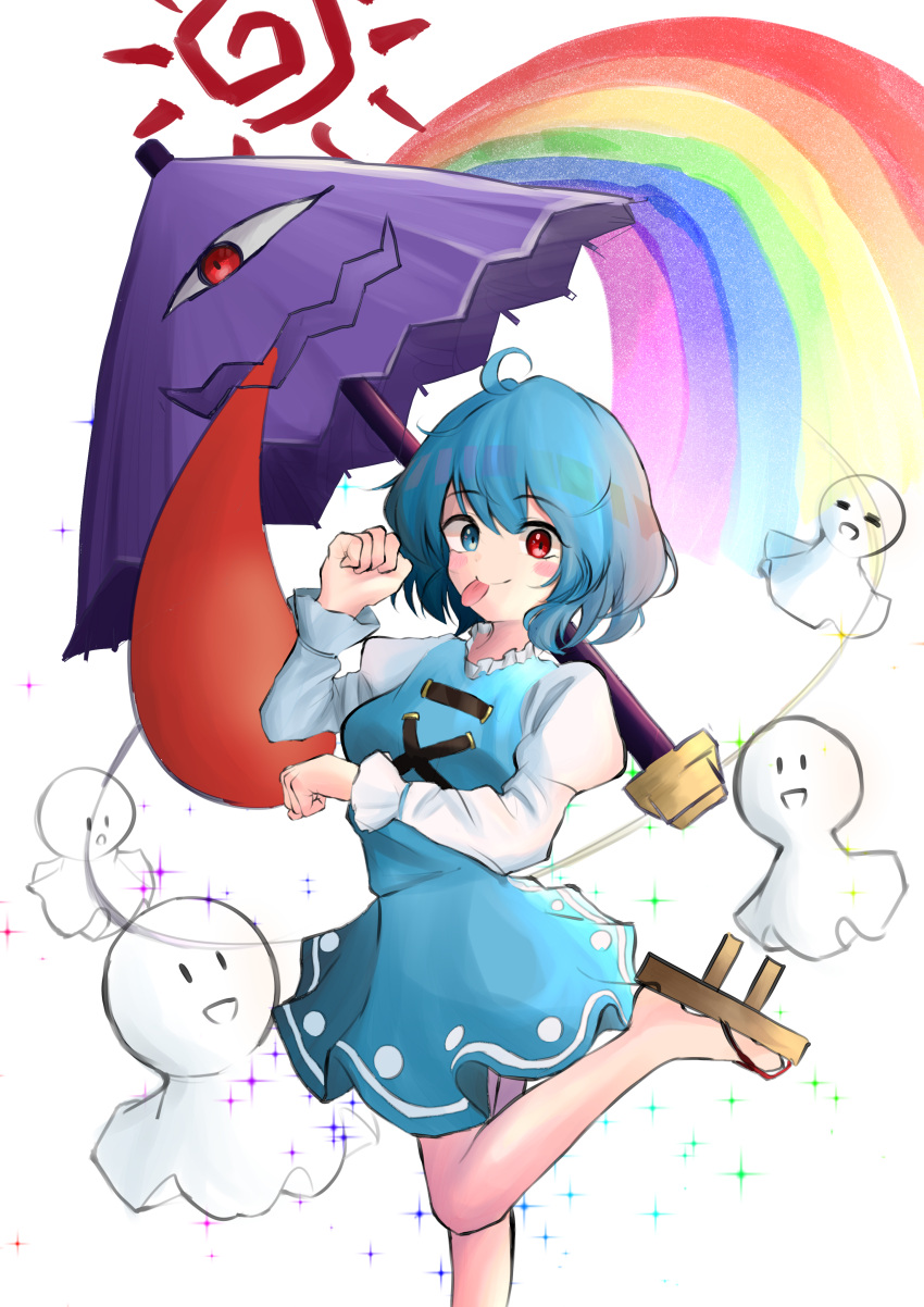 1girl absurdres blue_eyes blue_hair blue_skirt blue_vest brown_footwear commentary_request geta heterochromia highres holding holding_umbrella juliet_sleeves karakasa_obake long_sleeves mouryou_(chimimouryou) puffy_sleeves purple_umbrella rainbow red_eyes shirt short_hair skirt solo tatara_kogasa tongue tongue_out touhou umbrella vest white_background white_shirt