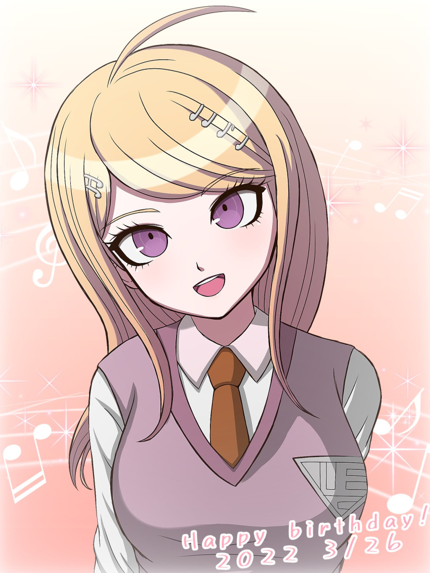 1girl :d ahoge akamatsu_kaede arms_at_sides blonde_hair breasts brown_necktie collared_shirt danganronpa_(series) danganronpa_v3:_killing_harmony dated hair_ornament happy_birthday highres large_breasts long_hair multicolored_background musical_note musical_note_hair_ornament necktie pink_eyes pink_vest shirt smile solo suiren_yurei teeth upper_body upper_teeth_only vest white_shirt