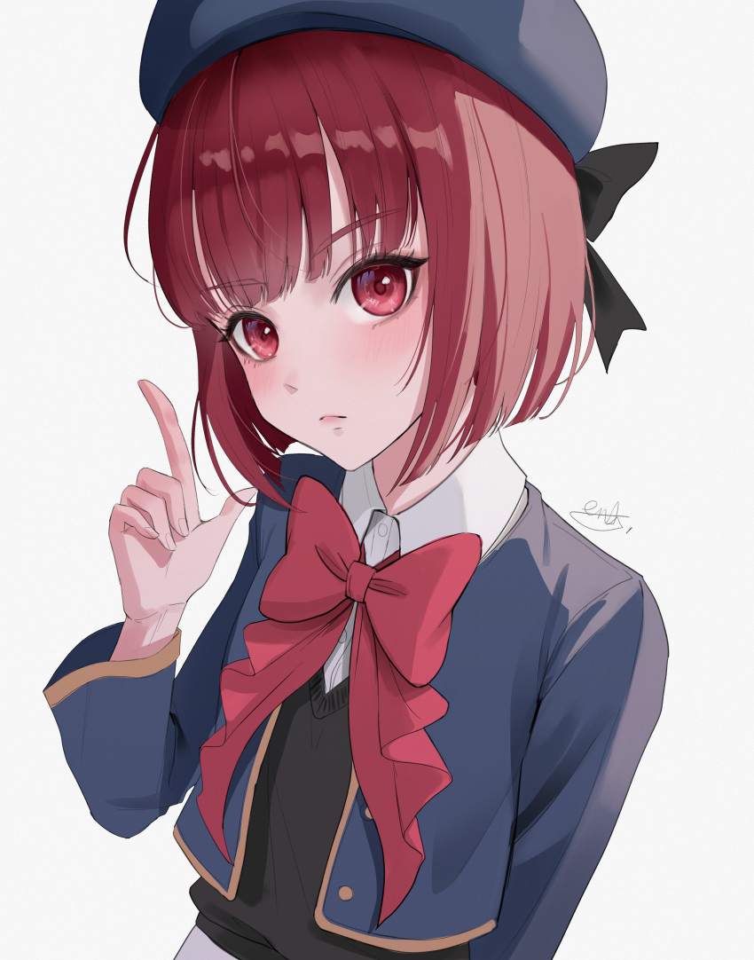 1girl absurdres aendi_en_d_endei arima_kana artist_name beret black_bow black_sweater_vest blue_headwear blue_jacket blunt_bangs bow bowtie breasts closed_mouth commentary cropped_jacket hand_up hat hat_bow highres index_finger_raised jacket light_frown long_sleeves looking_at_viewer oshi_no_ko red_bow red_bowtie red_eyes redhead school_uniform shirt short_hair signature simple_background small_breasts solo sweater_vest upper_body white_background white_shirt