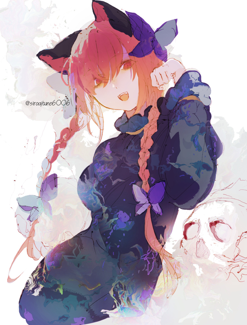 1girl animal_ears artist_name black_bow blue_bow blush bow braid breasts cat_ears commentary_request contrapposto cowboy_shot cropped_legs dark_blue_dress dress eyes_visible_through_hair fangs floral_print frills grey_background grey_dress hair_between_eyes hair_bow hair_over_eyes hair_ribbon hand_up happy highres juliet_sleeves kaenbyou_rin kn001215 long_hair long_sleeves looking_at_viewer low_twin_braids medium_breasts nose_blush open_mouth paw_pose puffy_sleeves purple_bow red_eyes redhead ribbon simple_background skull solo swept_bangs teeth touhou tress_ribbon twin_braids twisted_torso twitter_username upper_teeth_only very_long_hair white_background
