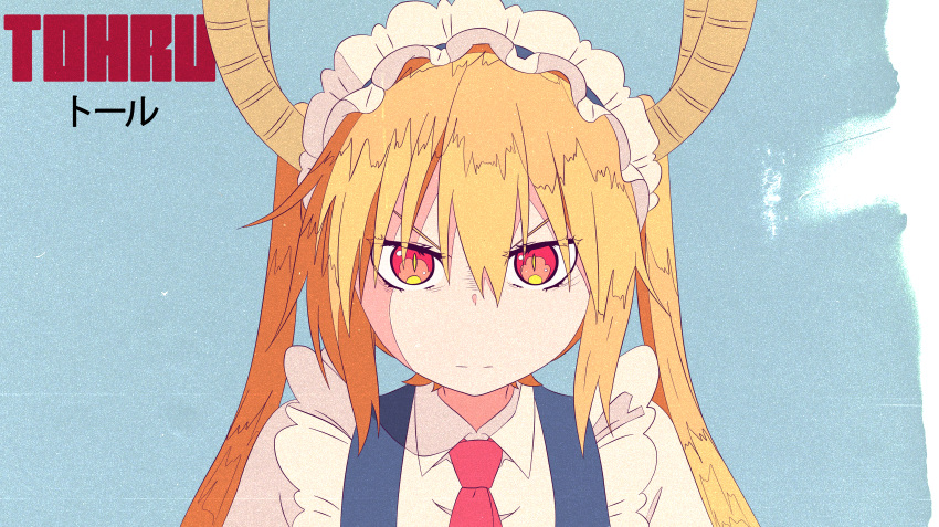 1girl absurdres blonde_hair character_name collared_shirt dragon_girl dragon_horns flat_color hair_between_eyes highres horns kobayashi-san_chi_no_maidragon ligne_claire long_hair maid_headdress necktie orange_eyes pawowe red_necktie shirt slit_pupils solo tohru_(maidragon) twintails white_shirt