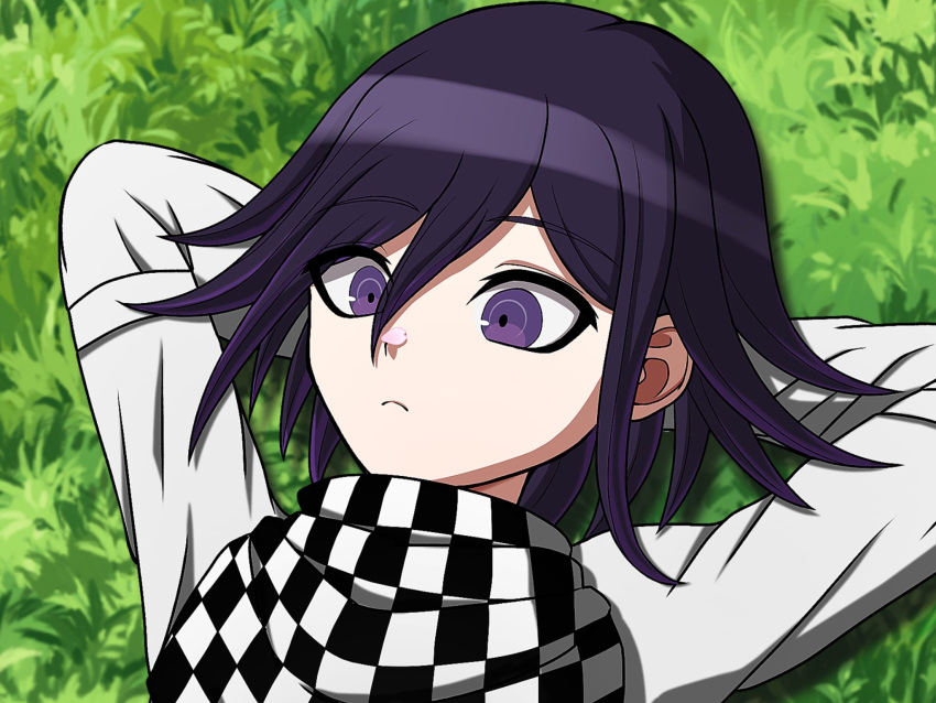 1boy arms_behind_head black_hair black_scarf checkered_clothes checkered_scarf closed_mouth danganronpa_(series) danganronpa_v3:_killing_harmony frown grass hair_between_eyes heart highres jacket long_sleeves lying multicolored_hair oma_kokichi on_back petals scarf solo suiren_yurei two-tone_hair violet_eyes white_jacket white_scarf