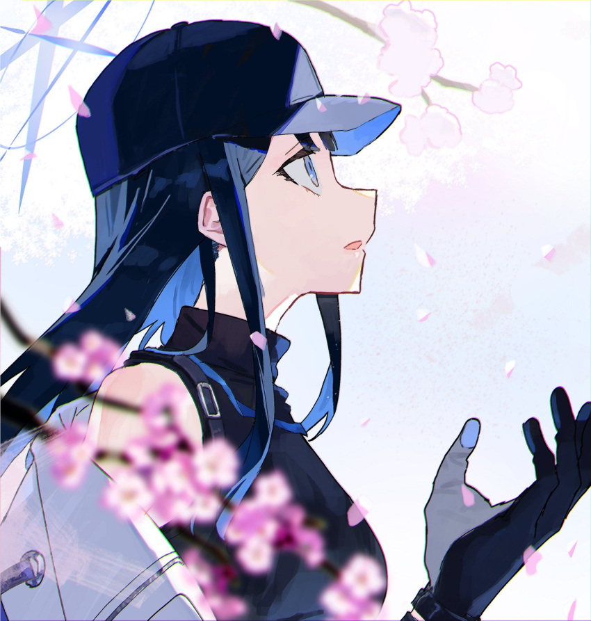 1girl baseball_cap black_gloves black_hair black_headwear blue_archive blue_eyes cherry_blossoms coat from_side gloves halo hand_up hat highres long_hair looking_up nmnm2332chan saori_(blue_archive) solo white_coat