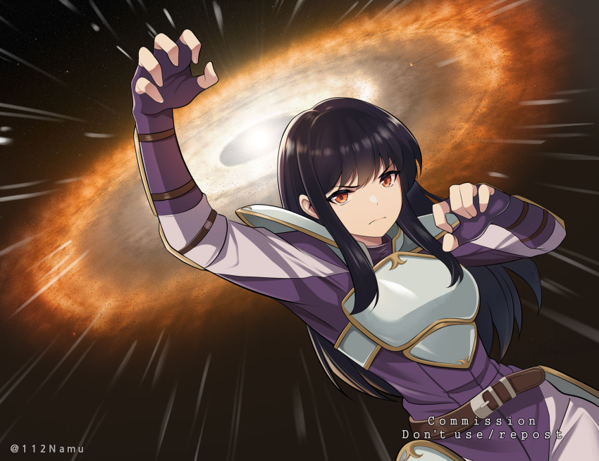 &gt;:( 1girl angry arm_up armor artist_name astrid_(fire_emblem) black_hair black_hole breastplate claw_pose commission fingerless_gloves fire_emblem fire_emblem:_path_of_radiance gloves highres long_hair looking_at_viewer namu_(112namu) orange_eyes pauldrons pixiv_commission shoulder_armor solo space v-shaped_eyebrows