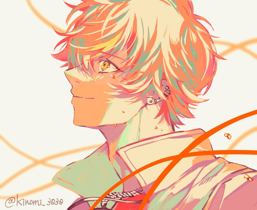 1boy blonde_hair closed_mouth commentary_request ear_piercing earrings high_collar highres jewelry kinomi_3030 multicolored_hair orange_eyes orange_hair piercing project_sekai shinonome_akito short_hair solo streaked_hair twitter_username