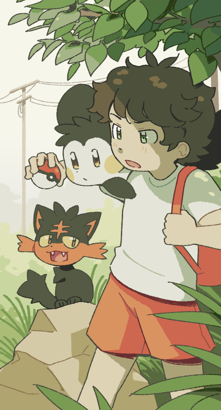 1boy backpack bag brown_hair child commentary commission emolga english_commentary grass green_eyes highres holding holding_poke_ball holding_strap litten magicact male_child male_focus open_mouth orange_shorts original outdoors poke_ball poke_ball_(basic) pokemon pokemon_(creature) power_lines rock shirt short_hair short_sleeves shorts standing t-shirt utility_pole white_shirt