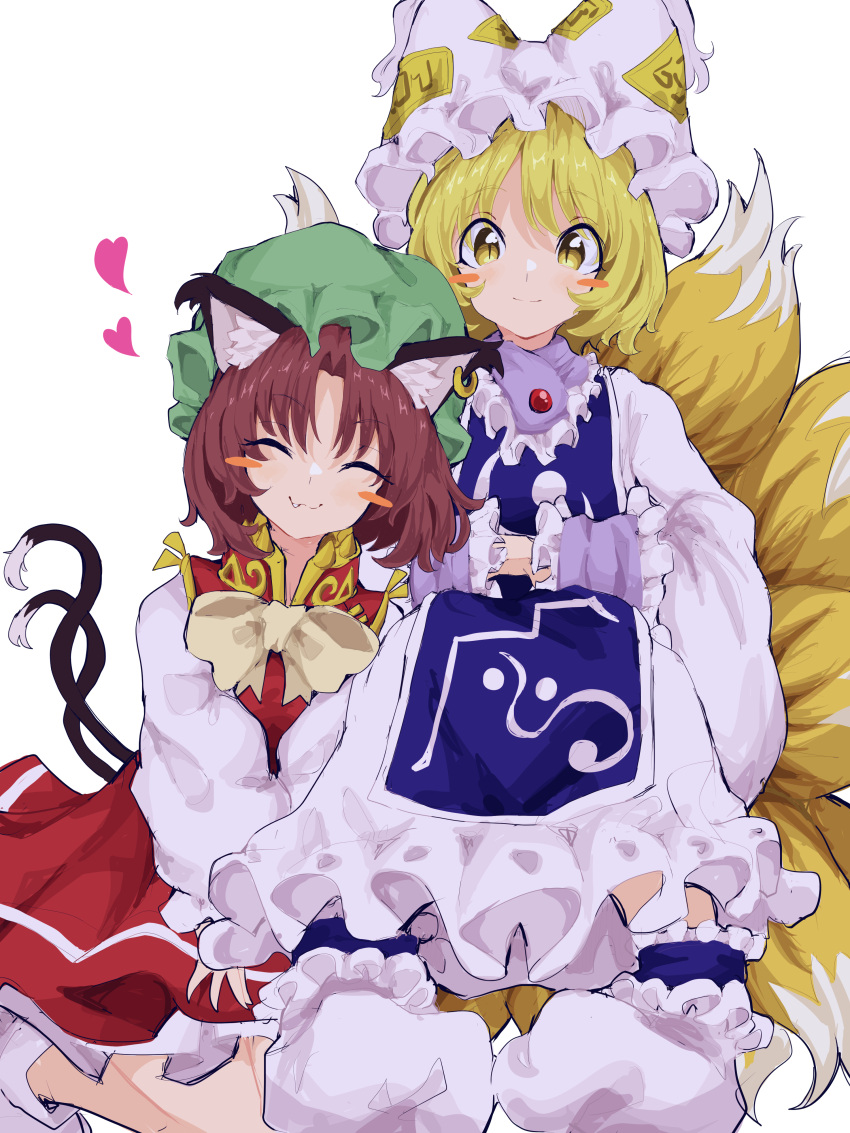2girls absurdres animal_ears blonde_hair blush_stickers brown_hair cat_ears cat_tail chen closed_eyes closed_mouth dress fang fox_ears fox_tail frilled_sleeves frills green_headwear hat heart highres long_sleeves mob_cap mugi_(mugimugi_9kv) multiple_girls multiple_tails red_dress short_hair simple_background smile tabard tail touhou two_tails white_background white_dress white_headwear wide_sleeves yakumo_ran yellow_eyes