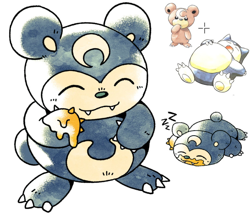 animal_ears bear bear_ears bear_tail bynine claws closed_eyes closed_mouth crescent fakemon fangs fusion highres honey pokemon sleeping snorlax tail teddiursa