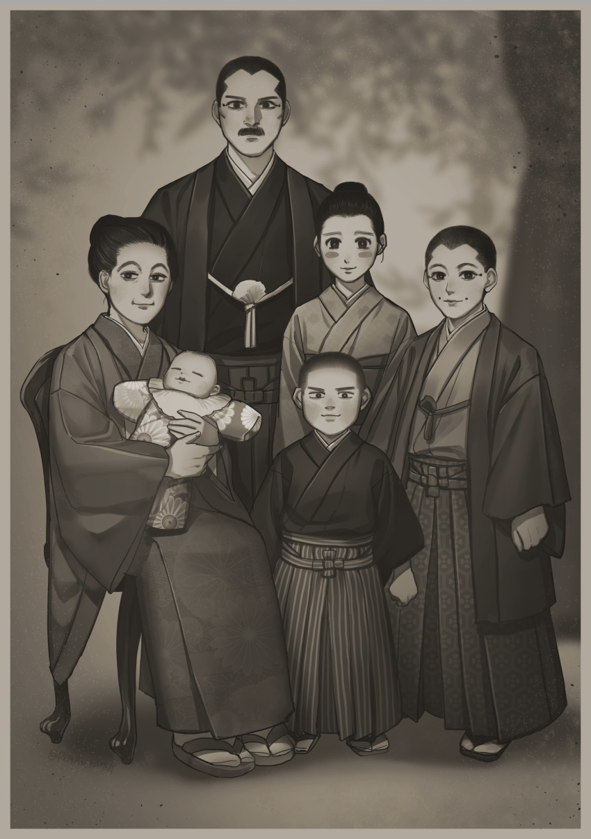 3boys 3girls absurdres baby black_hair blush_stickers buzz_cut facial_hair family floral_print golden_kamuy greyscale hakama highres japanese_clothes kimono looking_at_viewer monochrome multiple_boys multiple_girls mustache reman_kamuy sandals short_hair sitting socks stading usami_tok usami_tokishige very_short_hair white_socks