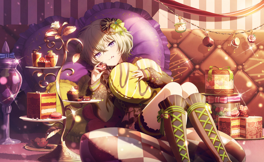 1girl :q blue_bow blush boots bow brown_bow brown_footwear brown_shirt brown_shorts cake cake_slice candle_no_kaori_wa_omoide_to_tomo_ni_(project_sekai) candy candy_wrapper chocolate colorful_palette couch cross-laced_footwear cup cupcake dessert food food_on_face frilled_footwear frilled_pillow frills green_bow hair_bow heart heart-shaped_chocolate heart_pillow highres holding holding_chocolate holding_food knee_boots knees_up kusanagi_nene long_sleeves looking_at_viewer lying macaron official_alternate_costume official_alternate_hairstyle official_art on_back on_couch pastry_box pillow pink_bow plate project_sekai shirt shorts sitting smile solo sparkle striped striped_bow third-party_source tiered_tray tongue tongue_out tray