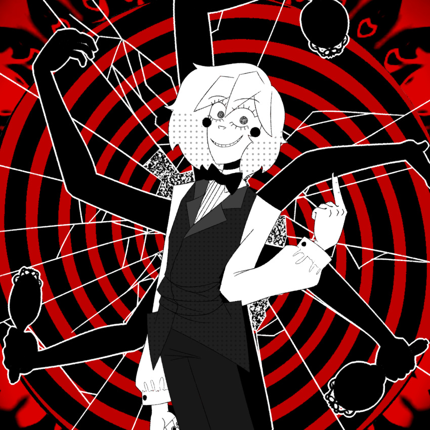 1boy black_background black_blush black_bowtie black_eyes black_limbs black_nail_polish black_nails black_pants black_tie black_vest blush body_parts bowtie buttons christoper_pierre collar collared_shirt cracks eyebrows eyelashes ghost_and_pals holding_mirror limbs long_sleeves madness_within_the_mirror male male_focus male_only mirror monochrome nail_polish necktie painted_nails pants pointing pointing_up polka_dot_hair puffy_sleeves red_background shadow sleeveless_tuxedo smile smiling smiling_at_viewer spiral spiral_background static teeth the_distortionist tuxedo unnaturally_white_skin vest vocaloid white_hair white_shirt white_skin wide_smile