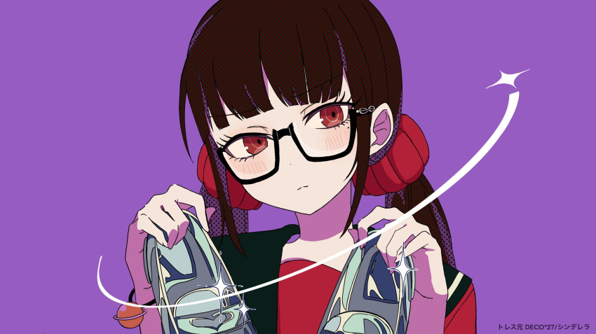 1girl arironpawa bespectacled black-framed_eyewear black_sailor_collar blush brown_hair closed_mouth danganronpa_(series) danganronpa_v3:_killing_harmony glasses hair_ornament hair_scrunchie hairclip hands_up harukawa_maki highres holding holding_shoes long_hair mole mole_under_eye pink_background portrait red_eyes red_scrunchie red_shirt sailor_collar scrunchie semi-rimless_eyewear shirt shoes simple_background solo translation_request