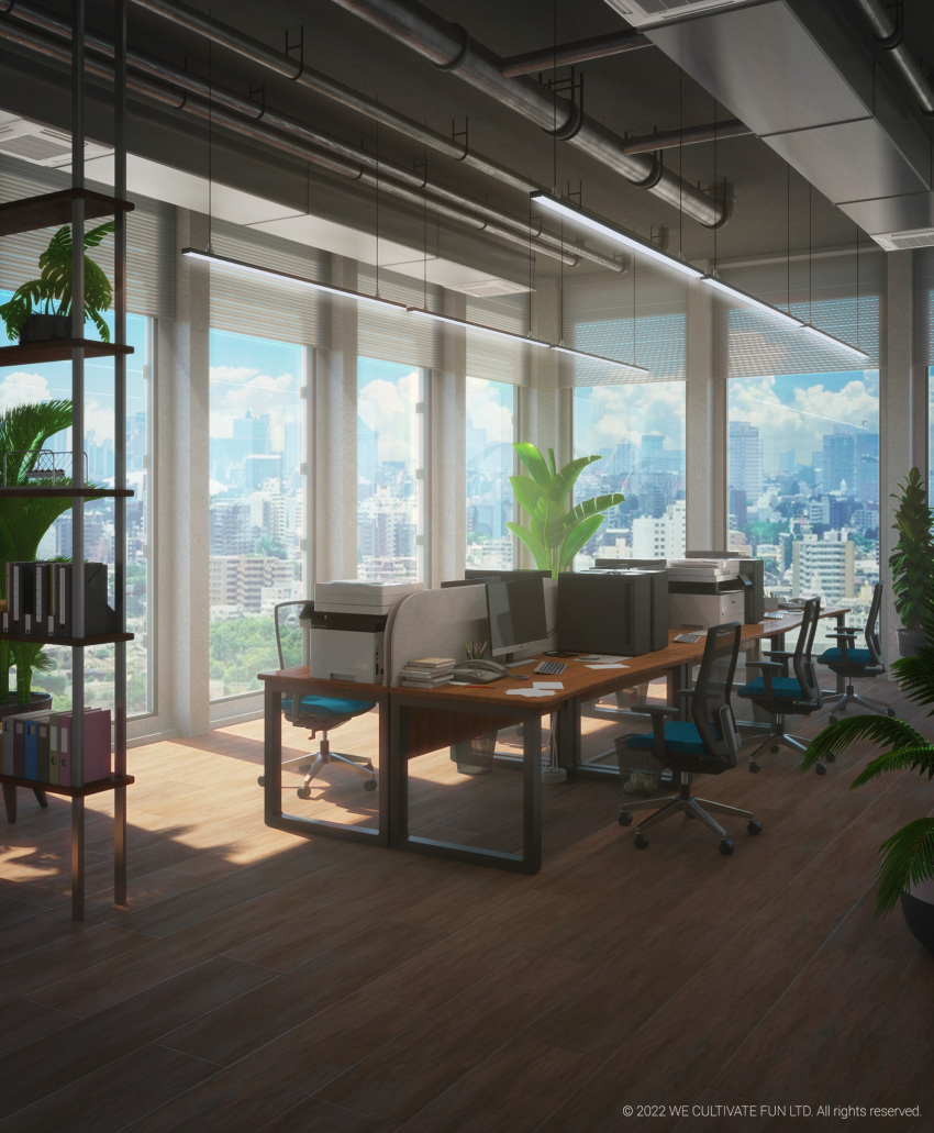 3d artist_name bookshelf ceiling ceiling_light chair city cityscape day highres indoors interior keyboard_(computer) monitor no_humans office office_chair plant potted_plant printer scanner scenery shelf surafin swivel_chair table