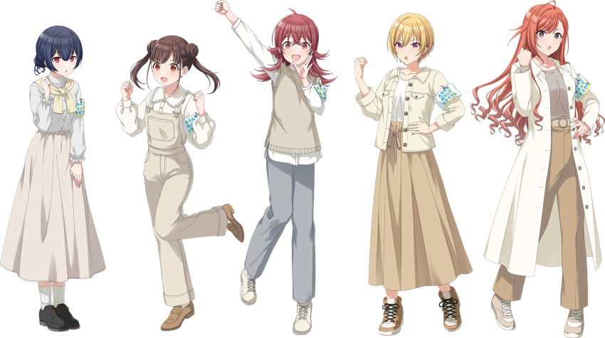 5girls arisugawa_natsuha arm_up blonde_hair boots brown_hair brown_pants brown_skirt clenched_hand clenched_hands coat full_body grey_pants highres houkago_climax_girls_(idolmaster) idolmaster idolmaster_shiny_colors jacket komiya_kaho loafers long_hair long_skirt long_sleeves morino_rinze multiple_girls official_art open_clothes open_coat open_jacket orange_hair overalls pants red_eyes redhead saijo_juri shoes short_hair skirt sneakers sonoda_chiyoko sweat sweater_vest transparent_background