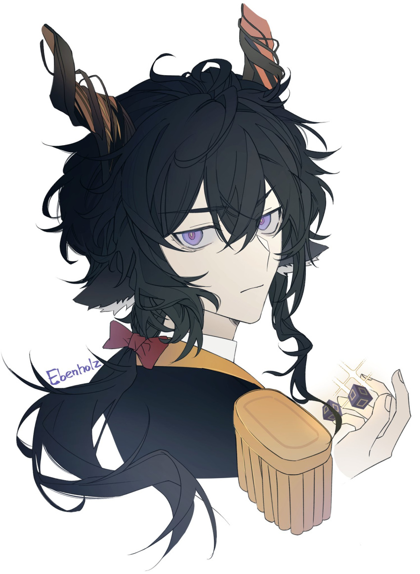 1boy animal_ears arknights bishounen black_hair bow character_name closed_mouth dice ebenholz_(arknights) epaulettes frown goat_boy goat_ears goat_horns hair_between_eyes hair_bow highres horns kamiki_hukenoshi long_hair looking_at_viewer looking_back male_focus ponytail portrait red_bow simple_background solo violet_eyes white_background