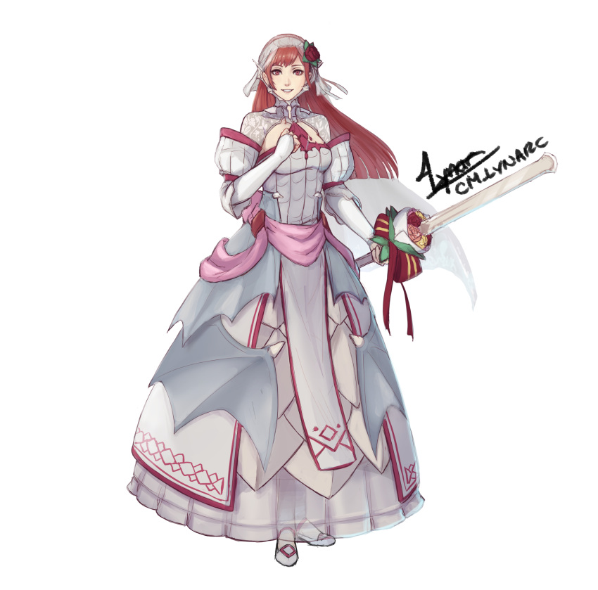 1girl alternate_costume artist_name bridal_gauntlets bride_(fire_emblem) cherche_(fire_emblem) cm_lynarc dress fire_emblem fire_emblem_awakening fire_emblem_heroes flower full_body hair_flower hair_ornament highres holding holding_sword holding_weapon long_hair looking_at_viewer pink_eyes pink_hair signature smile solo sword weapon wedding_dress white_background white_dress