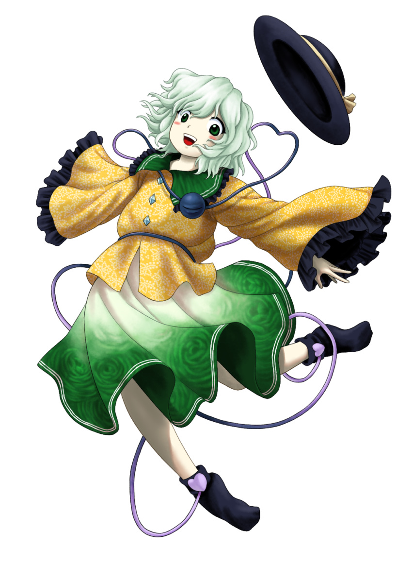 1girl black_socks blush_stickers buttons collared_shirt frilled_shirt frilled_shirt_collar frilled_sleeves frills full_body green_eyes green_hair green_skirt hat hat_removed headwear_removed heart heart_of_string highres komeiji_koishi long_sleeves looking_at_viewer medium_hair official_style open_mouth parasite_oyatsu shirt simple_background skirt smile socks solo third_eye touhou transparent_background wide_sleeves yellow_shirt zun_(style)