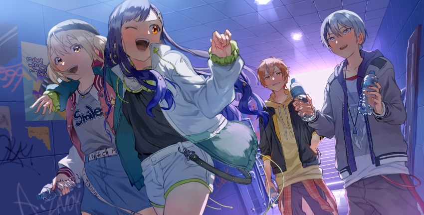 2boys 2girls aoyagi_touya arm_around_shoulder azusawa_kohane baseball_cap belt black_hair blonde_hair blue_hair bottle brown_eyes commentary cowboy_shot dark_blue_hair drawstring gradient_hair green_eyes hair_between_eyes hand_in_pocket hat headphones headphones_around_neck highres holding holding_bottle hood hood_down hoodie jacket jacket_over_hoodie jewelry long_hair long_sleeves looking_at_another multicolored_hair multiple_boys multiple_girls necklace omicos one_eye_closed open_clothes open_jacket open_mouth orange_eyes orange_hair poster_(object) project_sekai shinonome_akito shiraishi_an short_hair short_twintails shorts split-color_hair stairs standing star_(symbol) streaked_hair teeth twintails two-tone_hair upper_teeth_only vivid_bad_squad_(project_sekai) white_shorts yellow_hoodie
