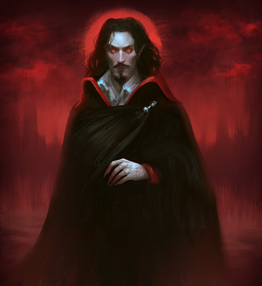 1boy amber_goodhart black_cape black_hair black_robe cape castlevania castlevania_(netflix) collared_cape collared_shirt dracula_(castlevania) facial_hair fangs faux_traditional_media fingernails goatee highres male_focus medium_hair mustache pale_skin pointy_ears red_background red_eyes robe sharp_fingernails shirt splatter vampire white_shirt