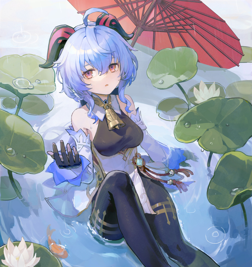 1girl acryyy ahoge black_gloves black_pantyhose blue_hair chinese_clothes ganyu_(genshin_impact) genshin_impact gloves highres horns light_blue_hair lily_pad oil-paper_umbrella open_mouth pantyhose red_umbrella sheep_horns sitting solo tight_clothes umbrella violet_eyes water