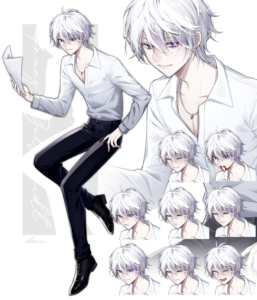 1boy black_footwear black_pants boots closed_eyes closed_mouth collared_shirt expressions full_body highres holding holding_paper ikurikaito jewelry long_sleeves male_focus necklace original pants paper shirt short_hair solo violet_eyes white_hair white_shirt