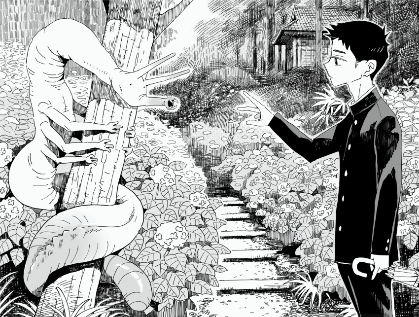1boy aremoyou building bush buttons closed_umbrella commentary cowboy_shot creature day expressionless flower foliage from_side gakuran greyscale hatching_(texture) highres holding holding_umbrella hydrangea long_sleeves looking_at_another male_focus monochrome open_mouth original outdoors outstretched_hand pants school_uniform short_hair standing tree umbrella