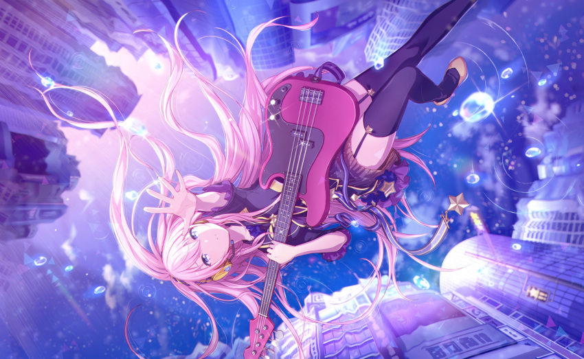 1girl ameagari_no_ichibanhoshi_(project_sekai) arm_up black_neckerchief black_shirt black_skirt blue_eyes closed_mouth colorful_palette electric_guitar frilled_skirt frilled_sleeves frills garter_straps gradient_skirt guitar headphones headset highres holding holding_instrument instrument leo/need_(project_sekai) leo/need_luka long_hair long_sleeves lying megurine_luka microphone neckerchief official_art on_back pink_hair project_sekai reaching reaching_towards_viewer reflection ripples shirt shoes skirt solo sparkle star_ornament third-party_source very_long_hair vocaloid water water_drop