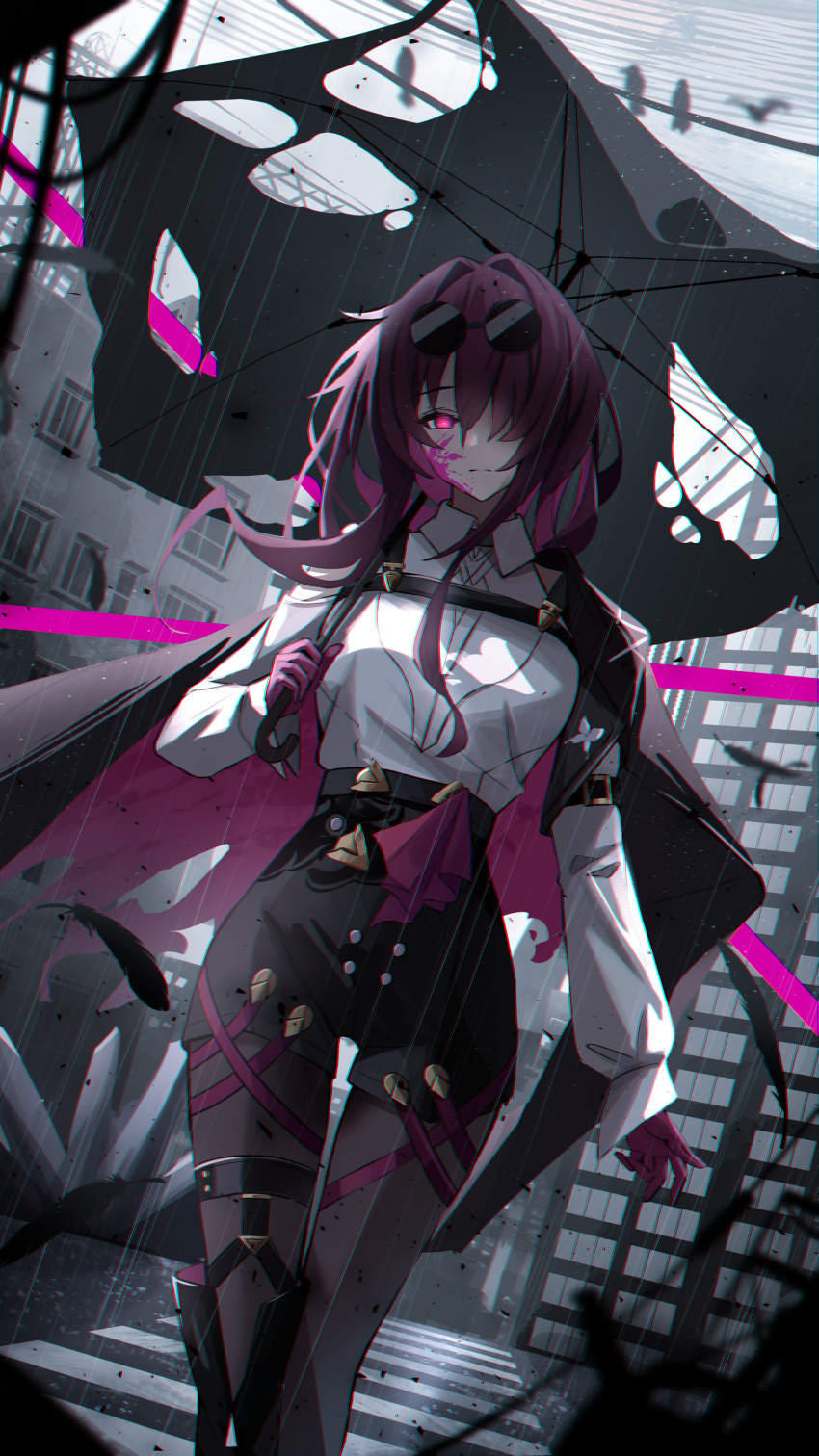 1girl absurdres black_cape black_pantyhose black_shorts black_umbrella blood blood_on_face building cape closed_mouth collared_shirt commentary english_commentary essukaa_(e-su) eyewear_on_head gloves hair_intakes hair_over_one_eye high-waist_shorts highres holding holding_umbrella honkai:_star_rail honkai_(series) kafka_(honkai:_star_rail) long_hair long_sleeves looking_at_viewer one_eye_covered outdoors pantyhose pink_blood purple_gloves purple_hair rain road shirt shorts solo street sunglasses torn_cape torn_clothes torn_umbrella umbrella violet_eyes white_shirt