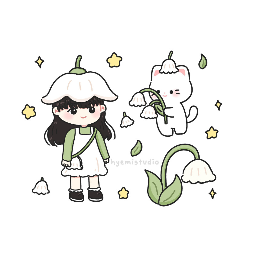 animal_ears bag black_footwear black_hair blush cat cat_ears cat_tail chibi flower green_shirt hat hat_flower highres hyemistudio leaf original shirt star_(symbol) tail whiskers