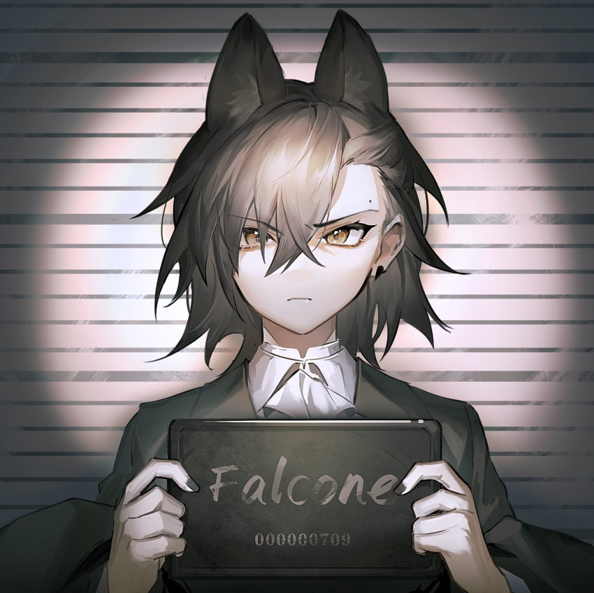 1girl akechi_(826988799) animal_ears arknights ascot asymmetrical_bangs barbie_mugshot_(meme) black_jacket character_name chinese_commentary closed_mouth collared_shirt commentary_request earrings grey_hair hair_between_eyes highres holding holding_sign jacket jewelry looking_at_viewer medium_hair meme mole_above_eye mugshot penance_(arknights) shirt sign solo white_ascot white_shirt wolf_ears wolf_girl yellow_eyes