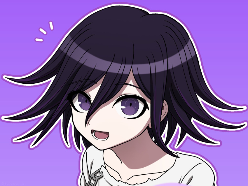 1boy :d black_hair chain danganronpa_(series) danganronpa_v3:_killing_harmony flipped_hair grey_jacket hair_between_eyes highres jacket lower_teeth_only male_focus multicolored_hair no_scarf notice_lines oma_kokichi outline pink_background portrait smile solo suiren_yurei teeth tongue two-tone_hair violet_eyes white_outline