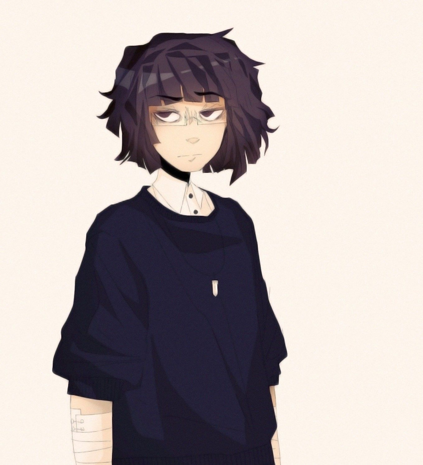 1boy annoyed bandage bandaged_arm bandages black_sweater brown_eyes brown_hair button_up buttons collar collared_shirt crystal crystal_necklace dark_circles eyebrows ghost_and_pals glasses hair_shine honey_i'm_home_(ghost_and_pals) human male male_focus male_only messy_hair necklace norman_da_luz norman_minecraft rectangular_eyewear rectangular_glasses shadow shine sweater tan_background thick_eyebrows vocaloid white_shirt