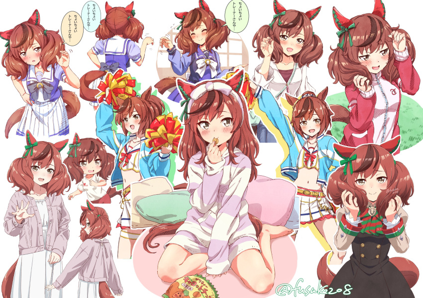 1girl absurdres blue_jacket brown_eyes brown_hair character_request dress fuusuke_(fusuke208) highres horse_girl horse_tail jacket multiple_views purple_jacket red_jacket red_shirt shirt skirt smile speech_bubble stomach tail track_jacket translation_request umamusume white_dress white_jacket white_skirt