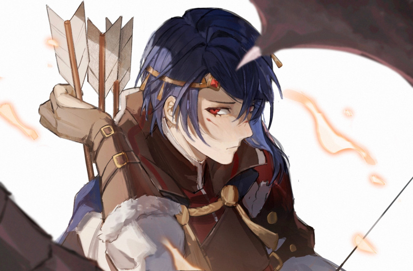 1boy alcryst_(fire_emblem) armor arrow_(projectile) blood blood_on_face blue_hair buckle circlet closed_mouth fire_emblem fire_emblem_engage fur_trim gloves hair_between_eyes highres looking_at_viewer red_eyes shirt short_hair solo white_background wogesb