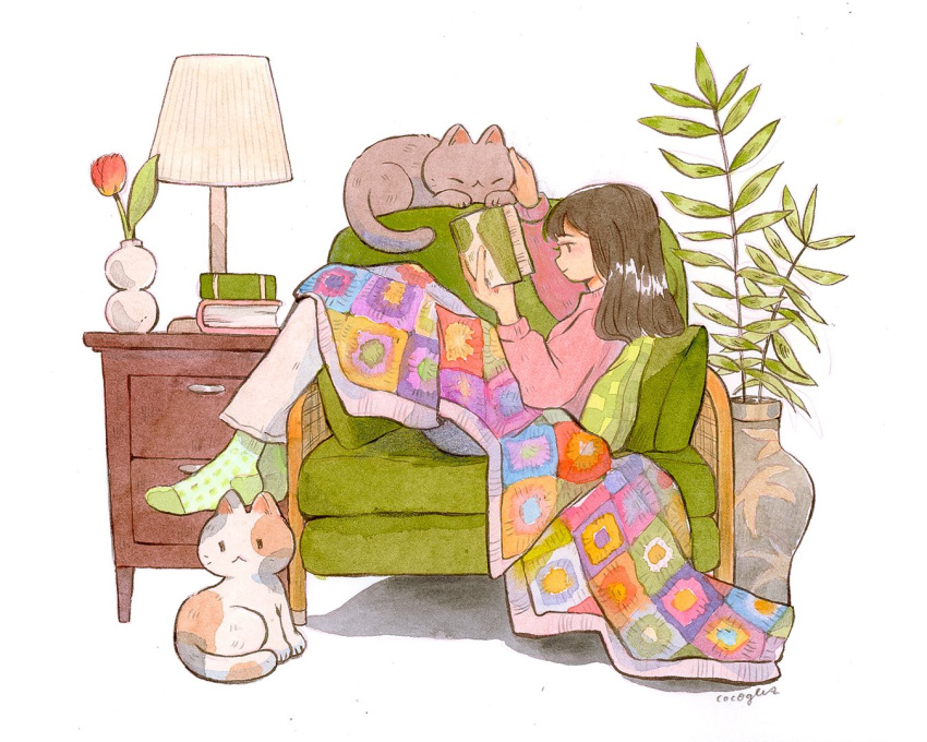 1girl animal arms_up artist_name black_hair book calico cat coco_glez couch flower green_socks hand_on_another's_head holding holding_book lamp long_hair on_couch original pillow pink_sweater plaid plant reading red_flower red_tulip smile socks sweater tulip vase