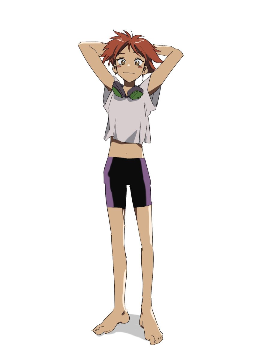 1girl androgynous arms_behind_head barefoot blush_stickers brown_eyes closed_mouth cowboy_bebop edward_wong_hau_pepelu_tivrusky_iv female_child full_body goggles goggles_around_neck highres light_smile okura_0426 orange_hair solo